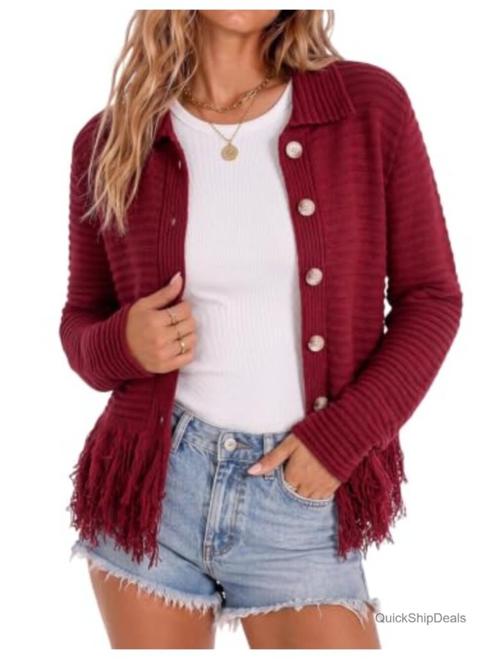 Womens Cropped Fringe Cardigan Sweater Boho Western Button Up